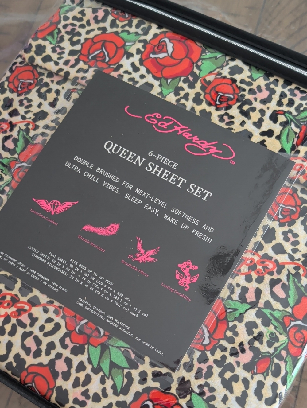 Ed Hardy Floral Rose & Leopard Queen Sheet Set - Red, Green, Black, Cream